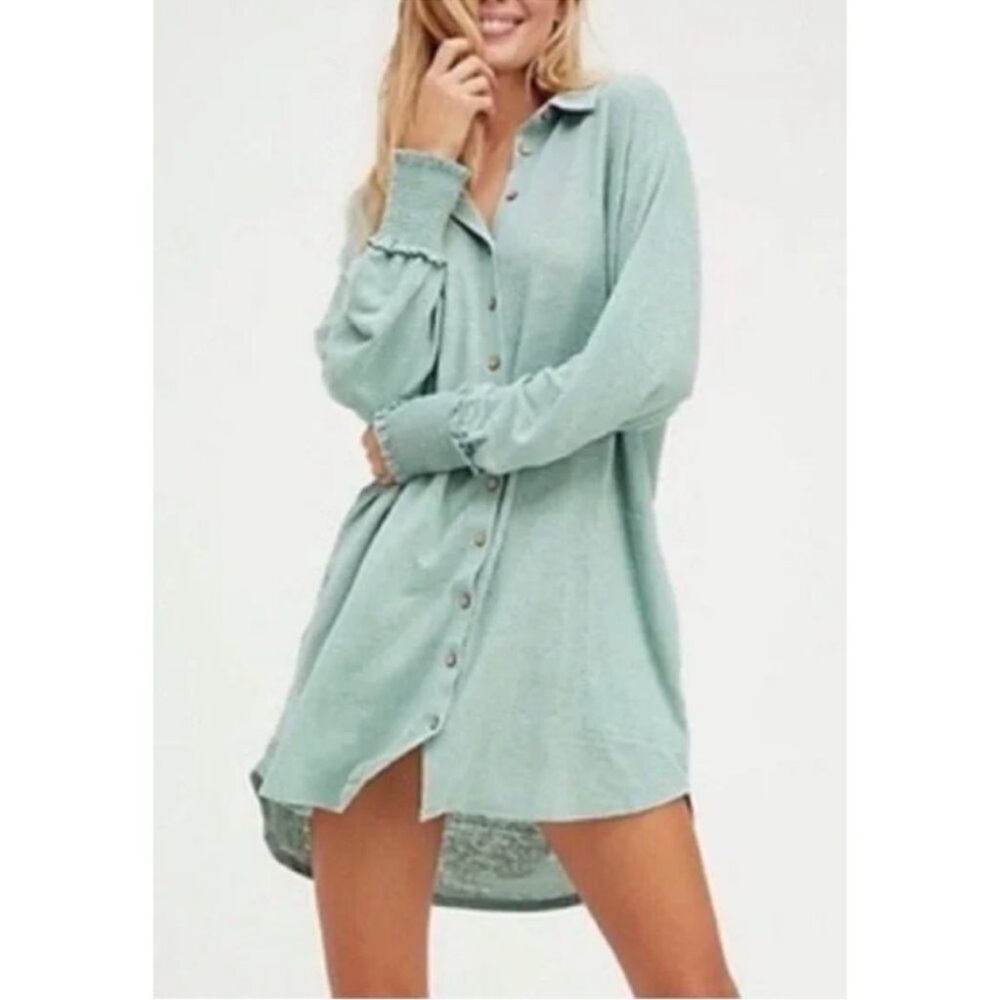 Free People fpBeach Promenade Mini Shirt Green Linen Blend Dress S
